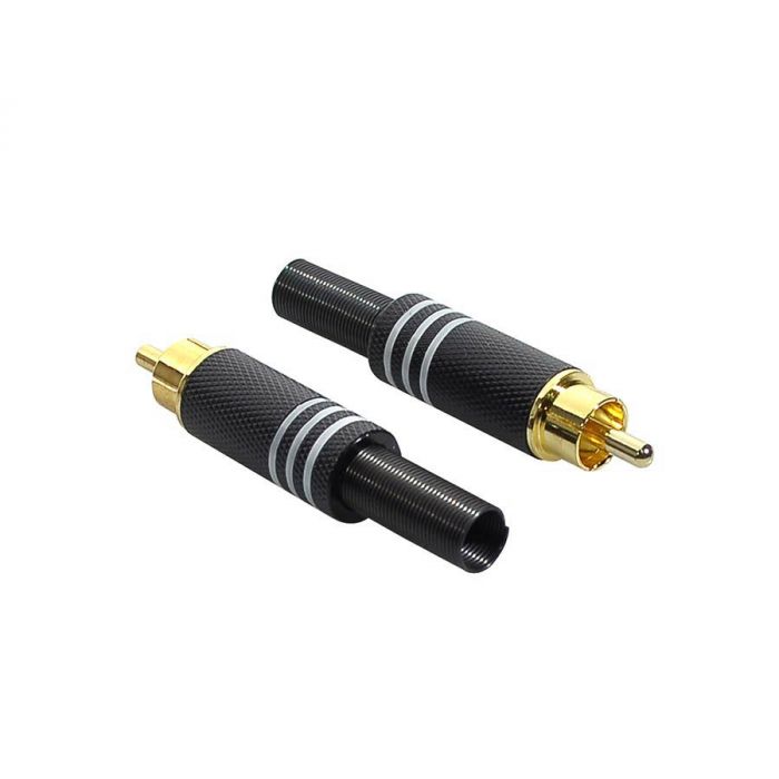 RCA plug, male, zwart, metaal, 2 stuks, zwarte ring, veer 6,2 mm