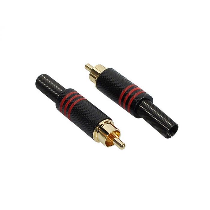 RCA plug, male, zwart, metaal, 2 stuks, rode ring, veer 6,2 mm