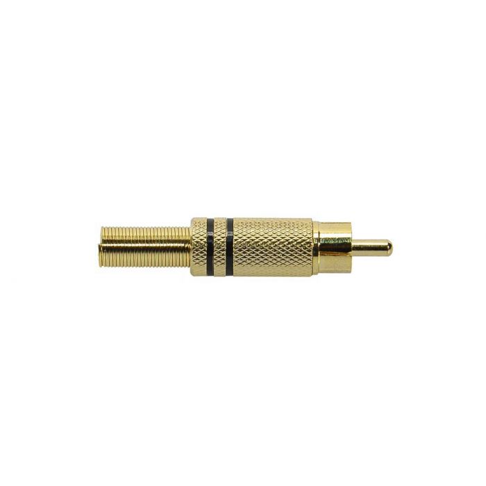 RCA plug, male, goudlak, metaal, 2 stuks zwarte ring, veer 6,2 mm, gouden contacten