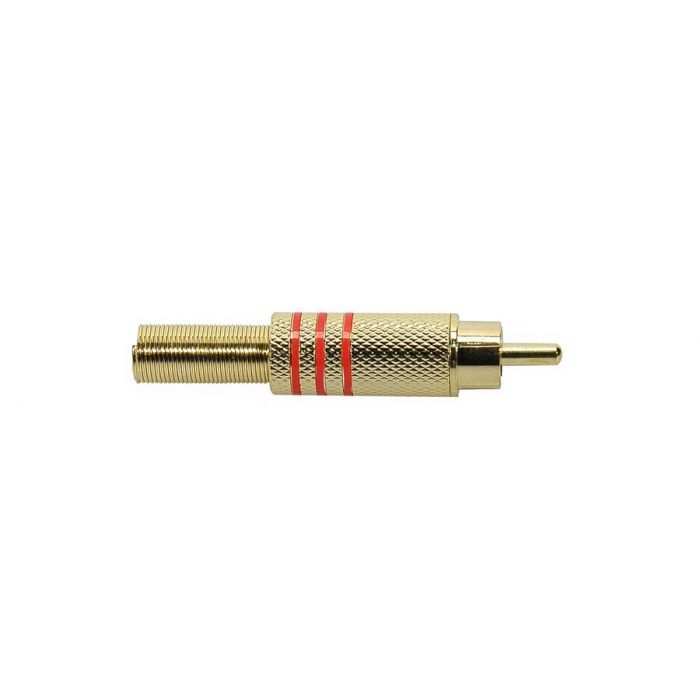 RCA plug, male, goudlak, metaal, 2 stuks rode ring, veer 6,2 mm, gouden contacten