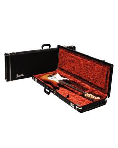 Fender deluxe case for electric guitar leather handle and ends black tolex & orange plush interior left 