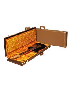 Fender deluxe case for electric guitar leather handle and ends brown tolex & gold plush interior 