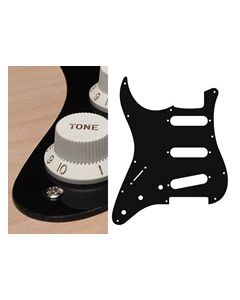 Pickguard Strat, 1 ply, black, standard, SSS, 3 pot holes, 3-5 switch, lefthanded
