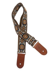 Gaucho Traditional Deluxe Series guitar strap, 2  jacquard weave, brown leather slips, brown garment leather backing, brown/gold