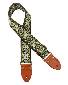 Gaucho Authentic Deluxe Series guitar strap, 2" jacquard weave, leather slips with pins, brass buckle, suede backing, bk/bu/gn