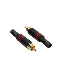 RCA plug, male, zwart, metaal, 2 stuks, rode ring, veer 6,2 mm
