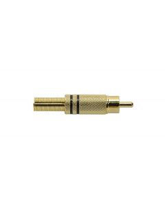 RCA plug, male, goudlak, metaal, 2 stuks zwarte ring, veer 6,2 mm, gouden contacten